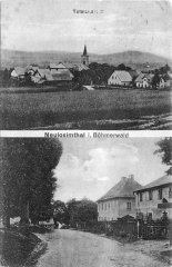 dobová pohlednice vsi s kostelem