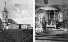 dobová pohlednice kostela a jeho interiéru