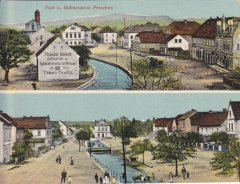 dobová pohlednice vsi s kostelem (nahoře vlevo)