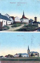 dobová pohlednice vsi s kostelem