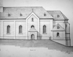 nákres druhé navrhované verze kostela - detail trojbokého presbytáře
