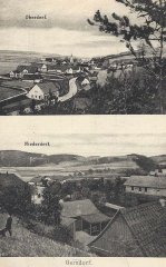 dobová pohlednice vsi s kostelem (na horním snímku v pozadí)