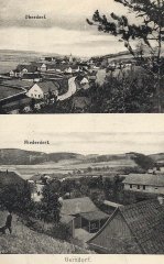 historické foto vsi s kostelem (na horním snímku)