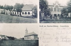 dobová pohlednice vsi s kostelem (na dolním snímku)