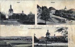 historická pohlednice vsi s kostelem