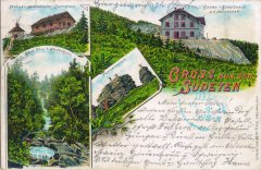 dobová pohlednice s původní kamennou kaplí (vlevo nahoře)