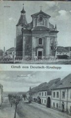 dobová pohlednice vsi s kostelem
