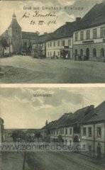 dobová pohlednice vsi s kostelem