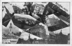 dobová pohlednice města s kostelem (vlevo nahoře)