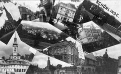 dobová pohlednice města s kostelem (vlevo)
