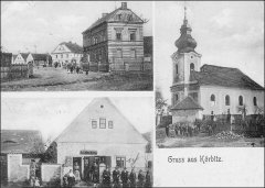 dobová pohlednice vsi s kostelem