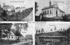 dobová pohlednice vsi s kostelem (vlevo nahoře)