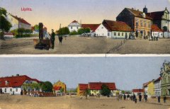 dobová pohlednice vsi s kostelem (vpravo nahoře)