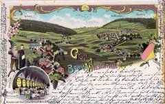 dobová pohlednice vsi s kostelem (vlevo)