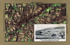 dobová pohlednice vsi s kostelem a mapou Krušných hor