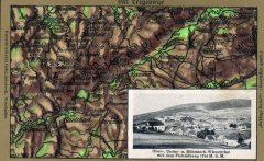 dobová pohlednice vsi s kostelem a mapou Krušných hor