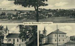 dobová pohlednice vsi s kostelem