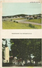 dobová pohlednice vsi s kostelem (dole)