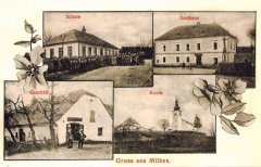 dobová pohlednice vsi s kostelem (vpravo dole)