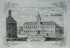 kresba kostela před přestavbou (vlevo)