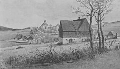 kresba kostela (v pozadí), autor Antonín Lewý