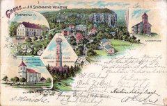 kostel na dobové pohlednici (vlevo dole)