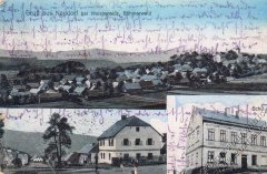 dobová pohlednice vsi s kostelem (na horním snímku vpravo)