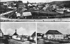 dobová pohlednice vsi s kaplí (vlevo dole)