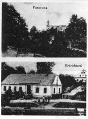 dobová pohlednice vsi s kostelem