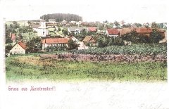 dobová pohlednice vsi s kostelem