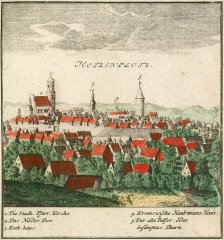 kolorovaný mědiryt, autor F. B. Werner (tabule 11 z roku 1738), kostel pod č. 1