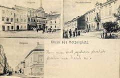 historická pohlednice města s kostelem (vlevo nahoře)