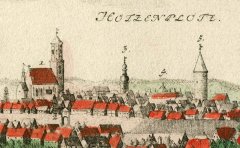 kolorovaný mědiryt, autor F. B. Werner (tabule 11 z roku 1738), kostel pod č. 1