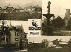 dobová pohlednice města s kostelem (vlevo a vpravo nahoře)