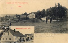 dobová pohlednice vsi s kostelem (kostelní věž za stromy)