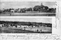 dobová pohlednice vsi s kostelem (věž před přestavbou)