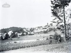 historické foto vsi s kostelem (vlevo)