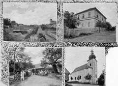 dobová pohlednice vsi s kostelem