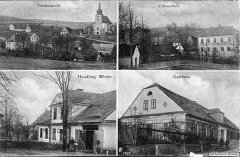 dobová pohlednice vsi s kostelem (nahoře vlevo)