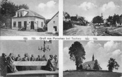 dobová pohlednice vsi s kostelem (věž na pravém horním snímku)