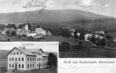 dobová pohlednice vsi s kostelem