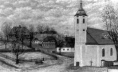 kresba návsi s kostelem