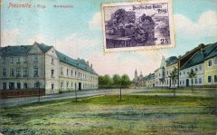 dobová pohlednice města s kostelem (věž v pozadí)