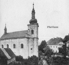 výřez snímku s kostelem z předchozí pohlednice