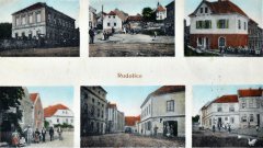 historickí pohlednice obce s kaplí (nahoře uprostřed)