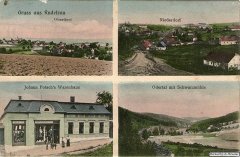 dobová pohlednice vsi s kostelem (vlevo nahoře)