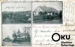 dobová pohlednice vsi s kostelem (vlevo dole)