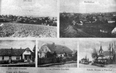 dobová pohlednice vsi s kostelem (vpravo dole