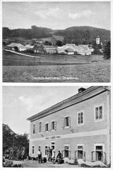 dobová pohlednice vsi s kostelem