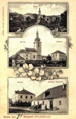 dobová pohlednice vsi s kostelem